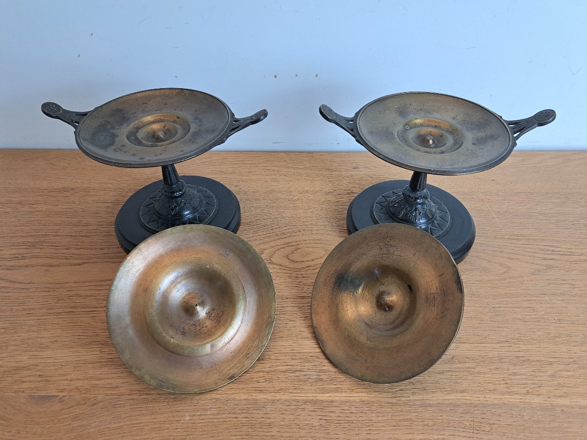 Paire de cassolettes , Néo étrusque , Bronze patiné , XIX°. -photo-2