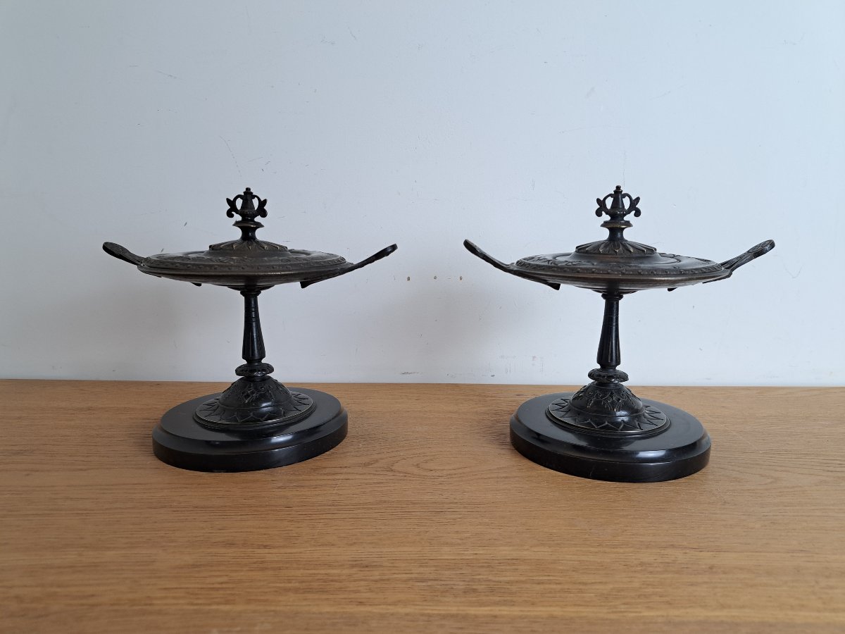 Paire de cassolettes , Néo étrusque , Bronze patiné , XIX°. -photo-4