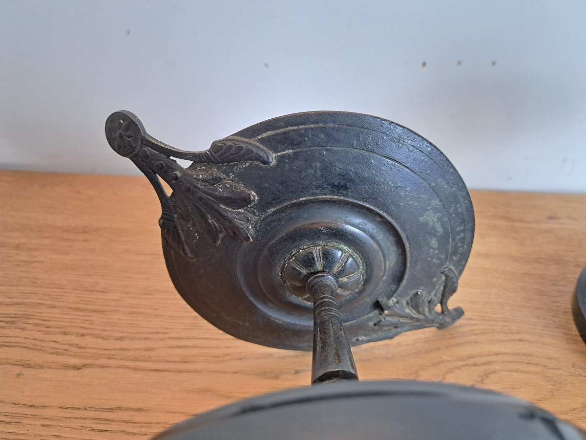 Paire de cassolettes , Néo étrusque , Bronze patiné , XIX°. -photo-1