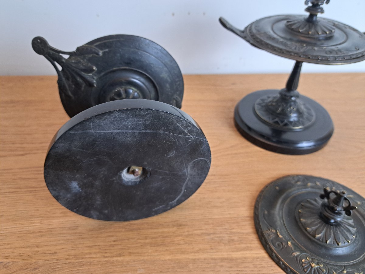 Paire de cassolettes , Néo étrusque , Bronze patiné , XIX°. -photo-3