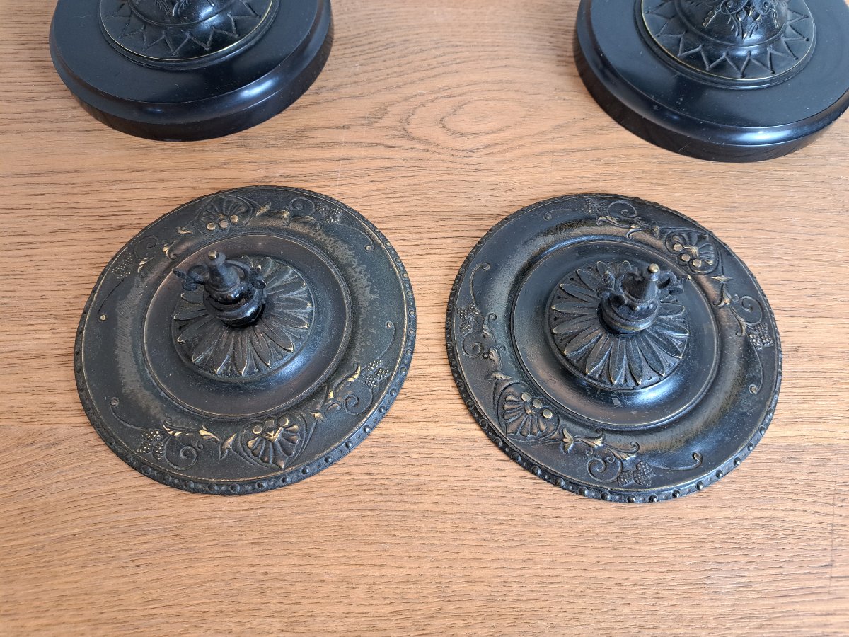Paire de cassolettes , Néo étrusque , Bronze patiné , XIX°. -photo-7