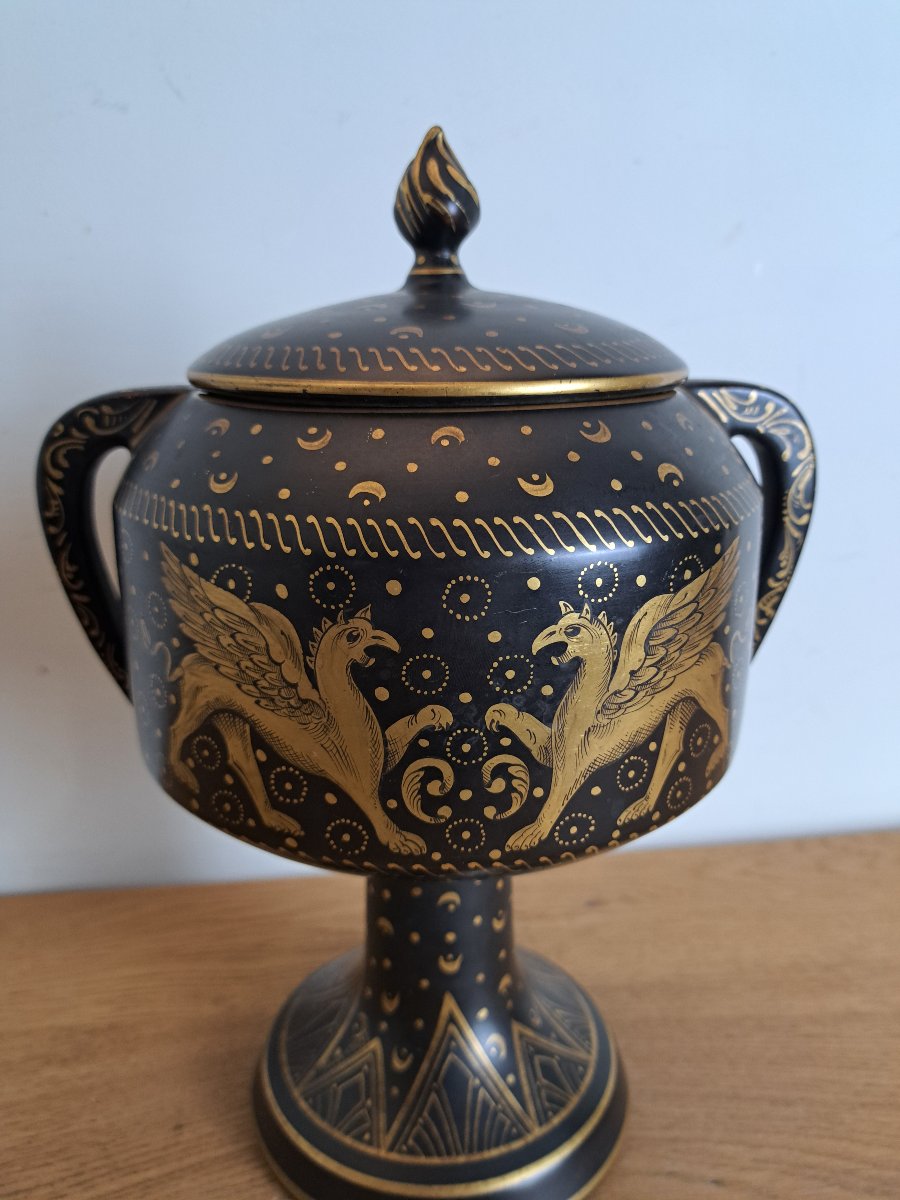 Pinon Heuzé , Grande coupe couverte , Décor antique , Début XX°. -photo-3