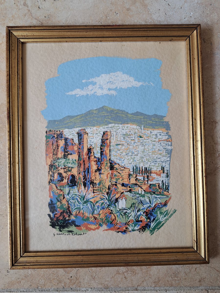 Gabriel Carriat Rolant, View Of A Moroccan City, Stencil Gouache, Early 20th Century. -photo-2