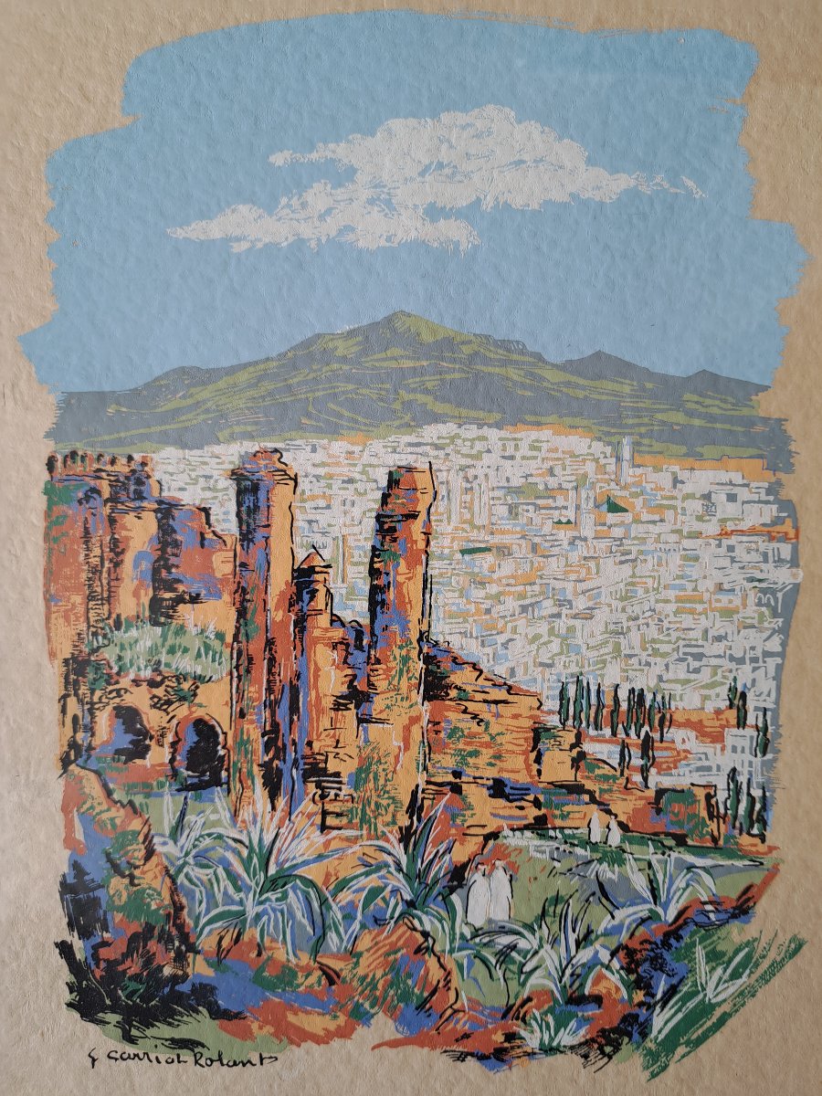Gabriel Carriat Rolant, View Of A Moroccan City, Stencil Gouache, Early 20th Century. -photo-3