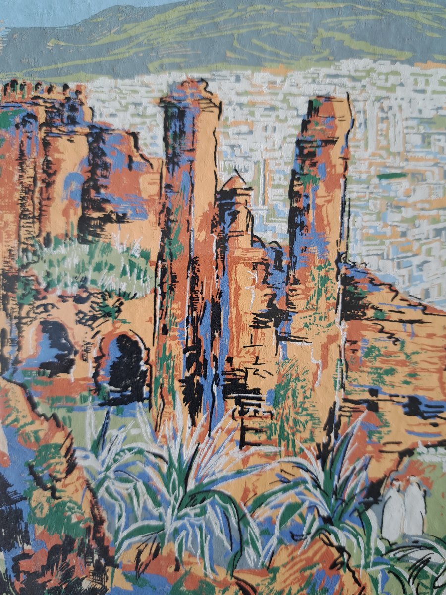 Gabriel Carriat Rolant, View Of A Moroccan City, Stencil Gouache, Early 20th Century. -photo-4