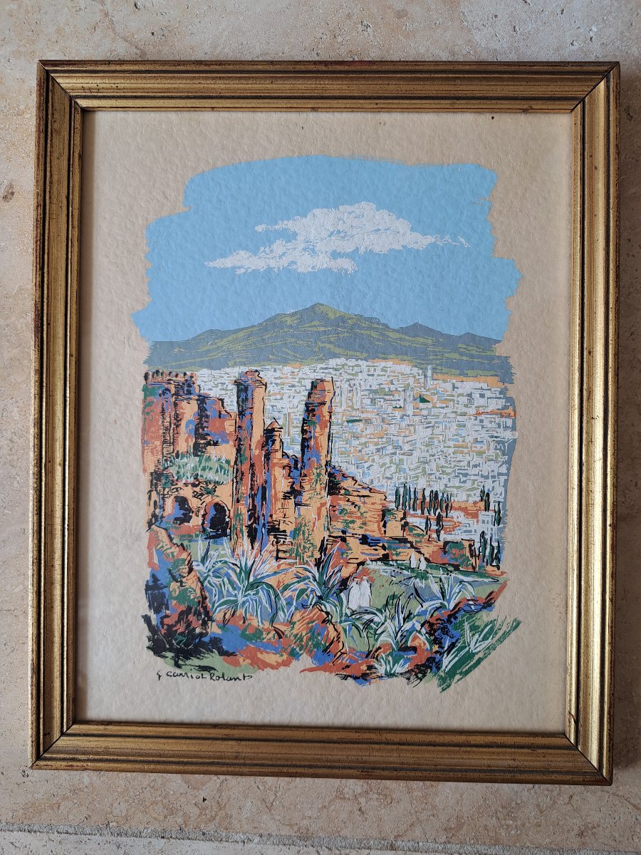 Gabriel Carriat Rolant, View Of A Moroccan City, Stencil Gouache, Early 20th Century. -photo-2