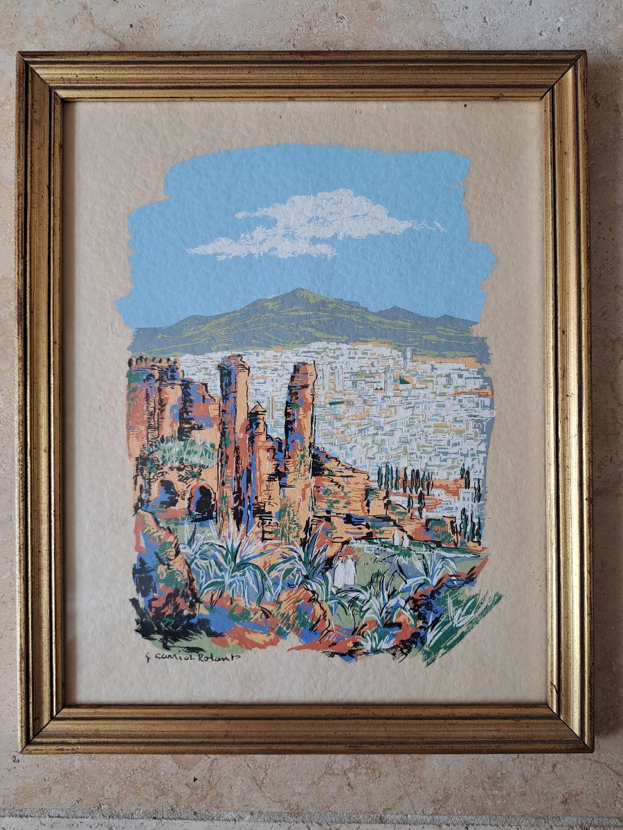 Gabriel Carriat Rolant, View Of A Moroccan City, Stencil Gouache, Early 20th Century. 