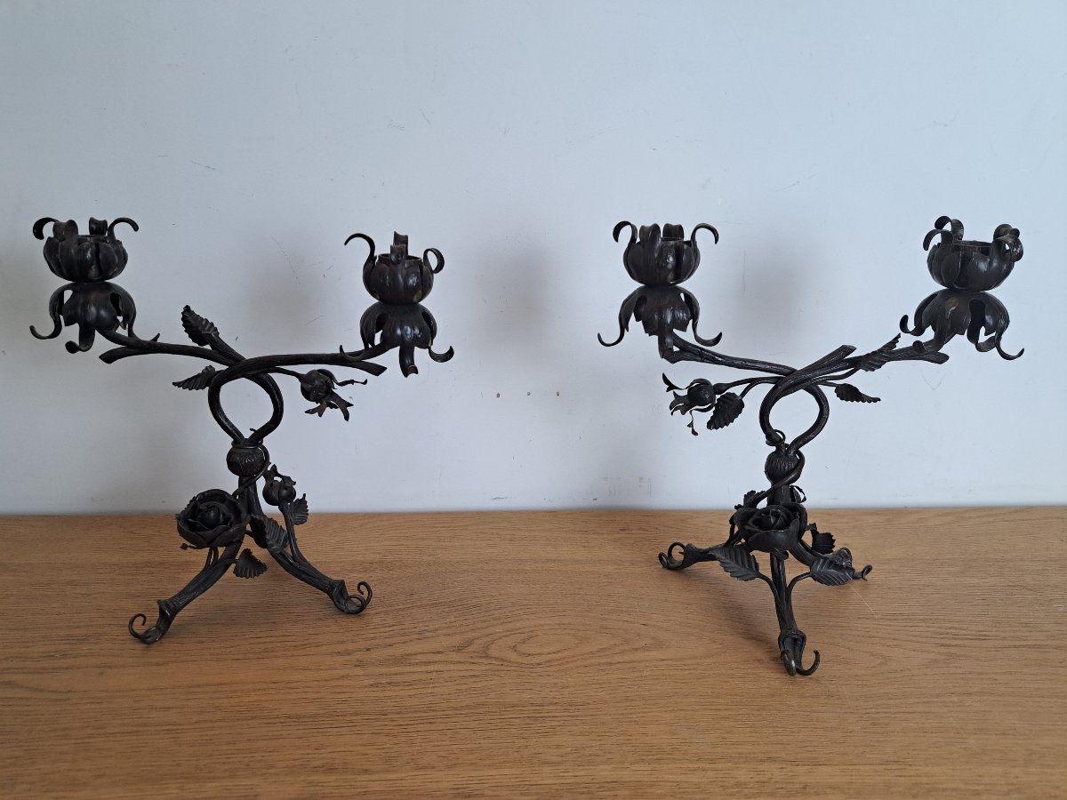Paire de candélabres , Roses , Fer forgé , Art Nouveau , Fin XIX°/Début XX°. -photo-4