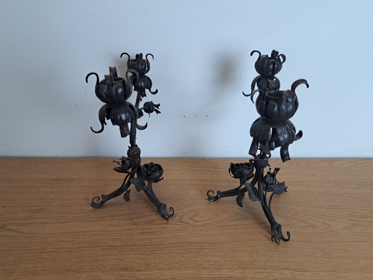 Paire de candélabres , Roses , Fer forgé , Art Nouveau , Fin XIX°/Début XX°. -photo-7