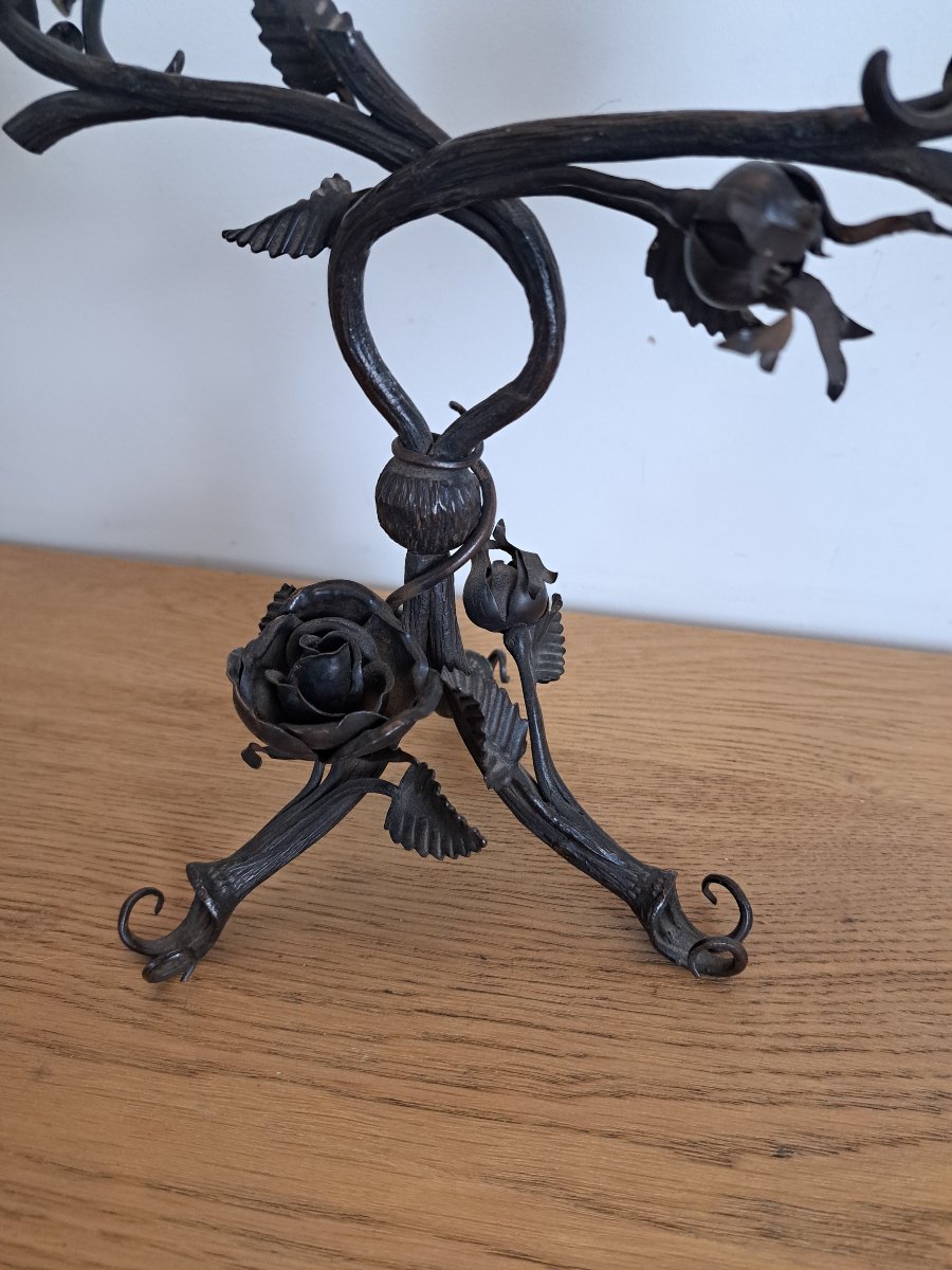 Paire de candélabres , Roses , Fer forgé , Art Nouveau , Fin XIX°/Début XX°. -photo-2