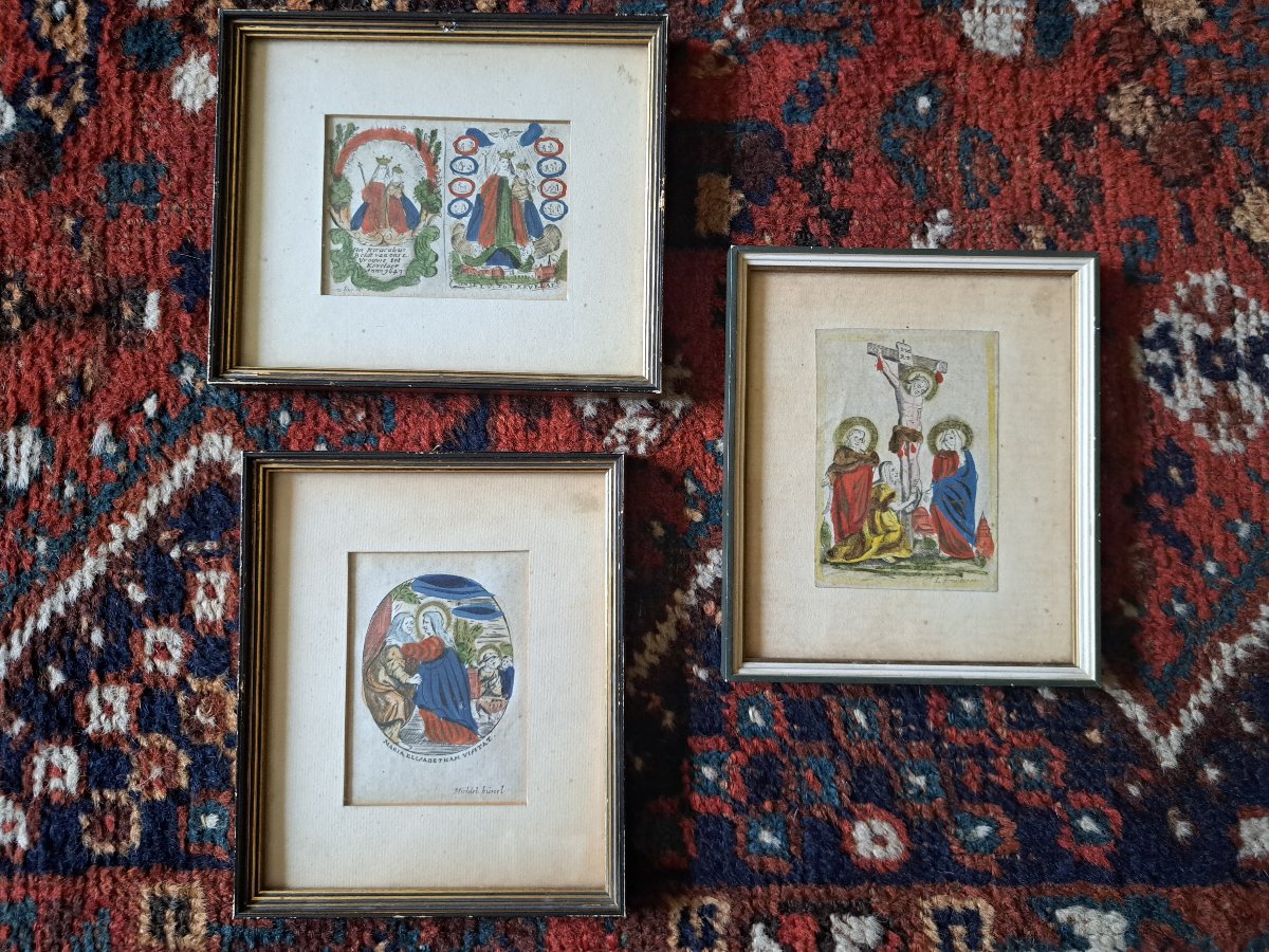 Pays Bas , 3 images religieuses , Papier et coloris , XVII°. 
