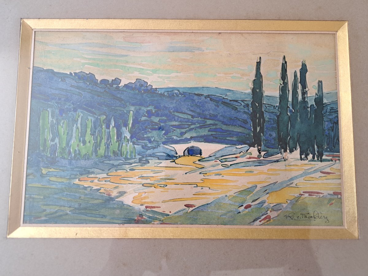 Raoul Van Maldère , Paysage provençal , Aquarelle , Début XX°. -photo-3