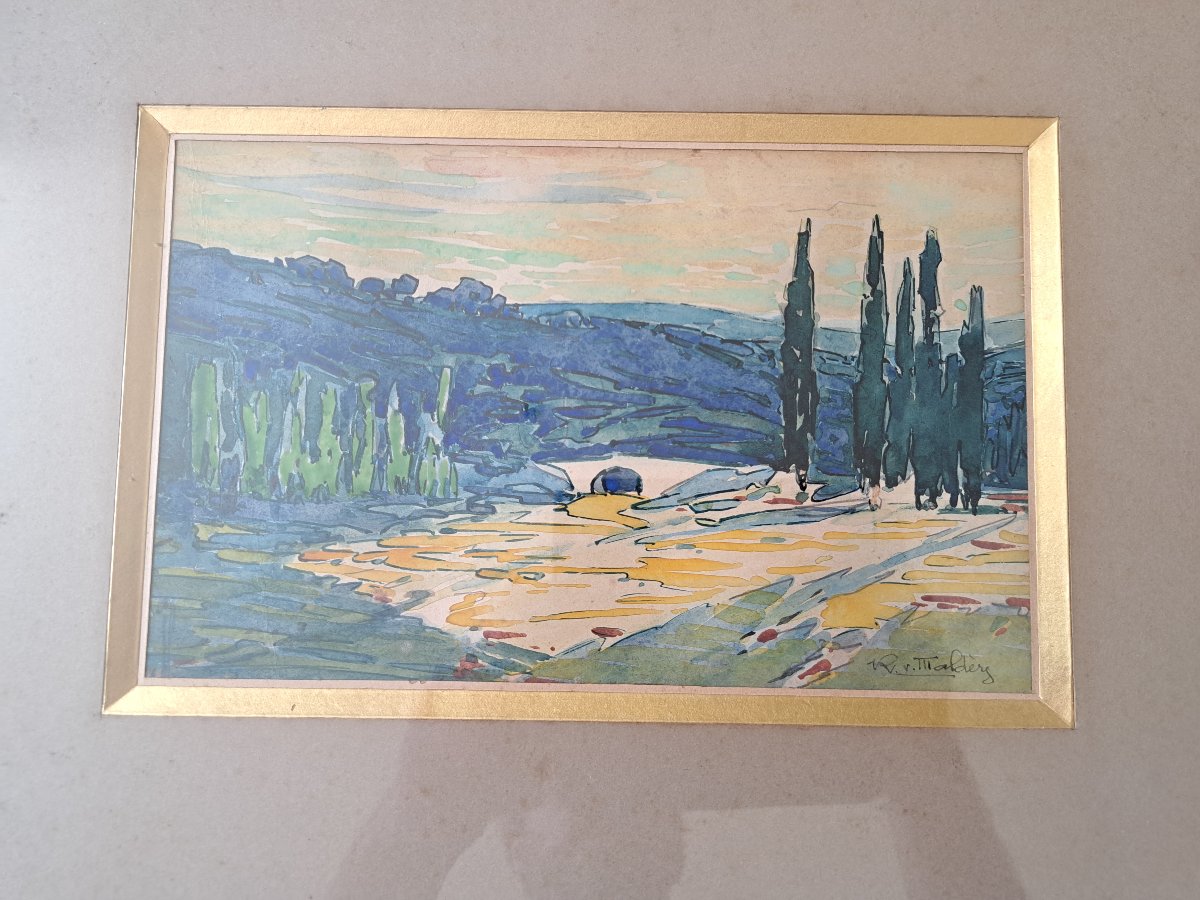 Raoul Van Maldère , Paysage provençal , Aquarelle , Début XX°. -photo-4