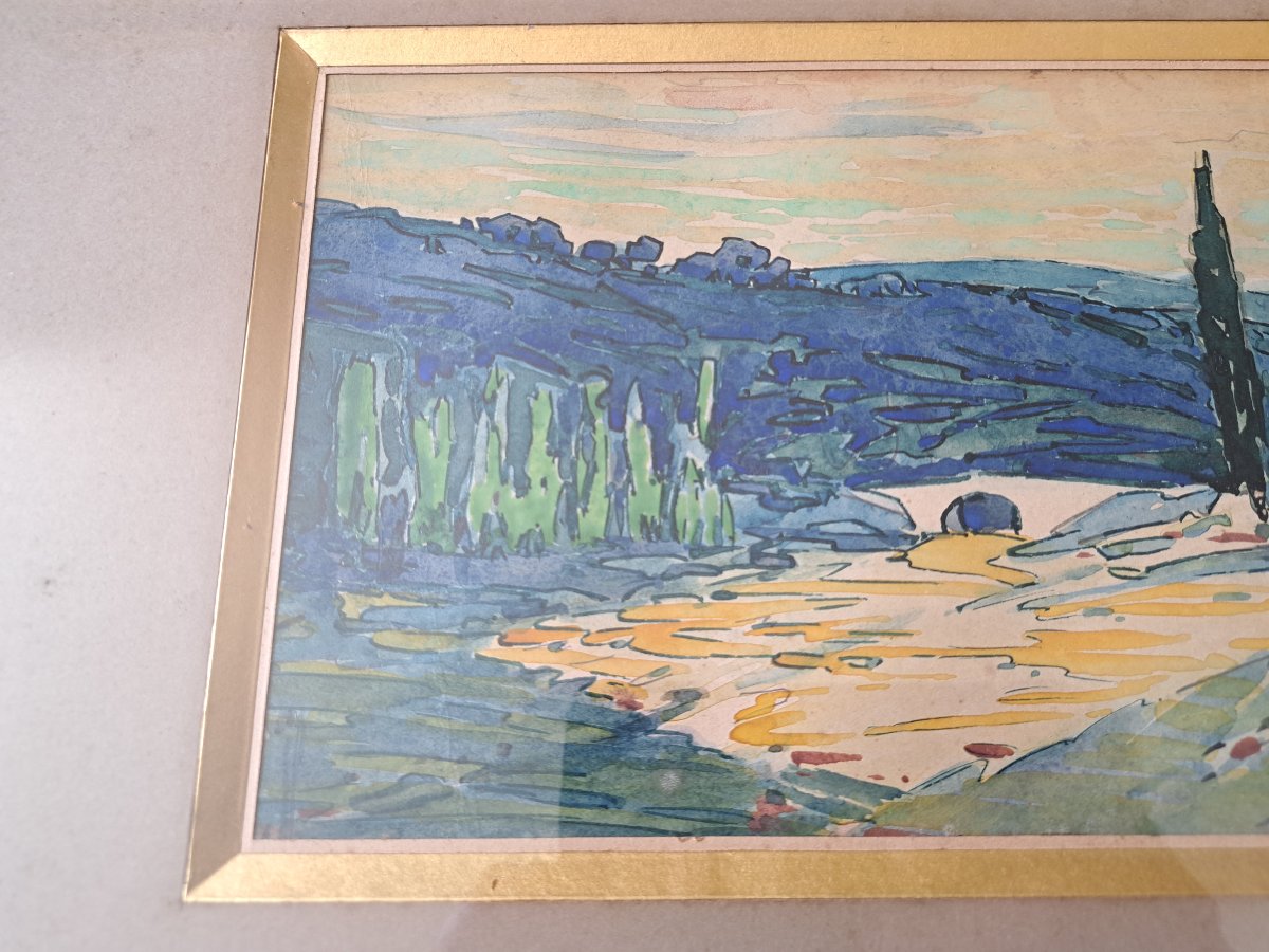 Raoul Van Maldère , Paysage provençal , Aquarelle , Début XX°. -photo-2