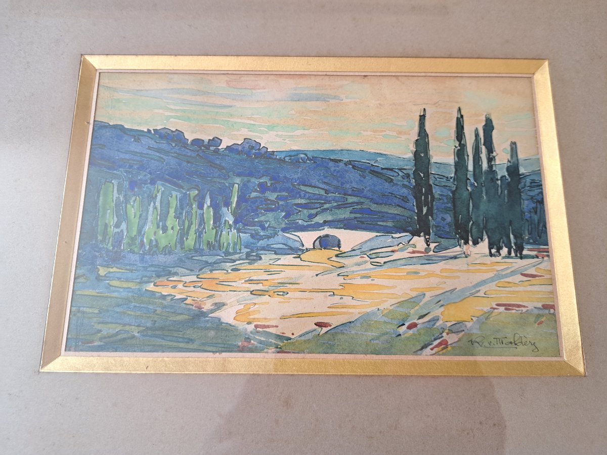 Raoul Van Maldère , Paysage provençal , Aquarelle , Début XX°. -photo-3