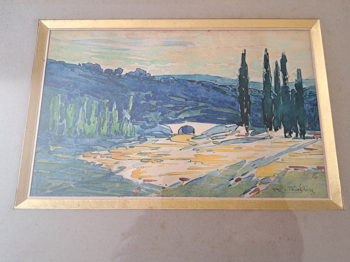 Raoul Van Maldère , Paysage provençal , Aquarelle , Début XX°. -photo-5