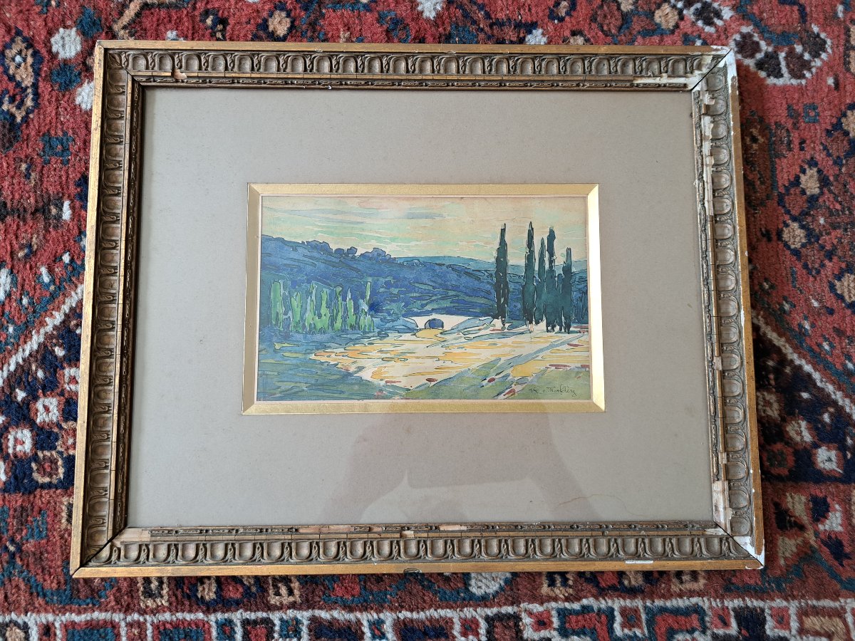 Raoul Van Maldère , Paysage provençal , Aquarelle , Début XX°. 