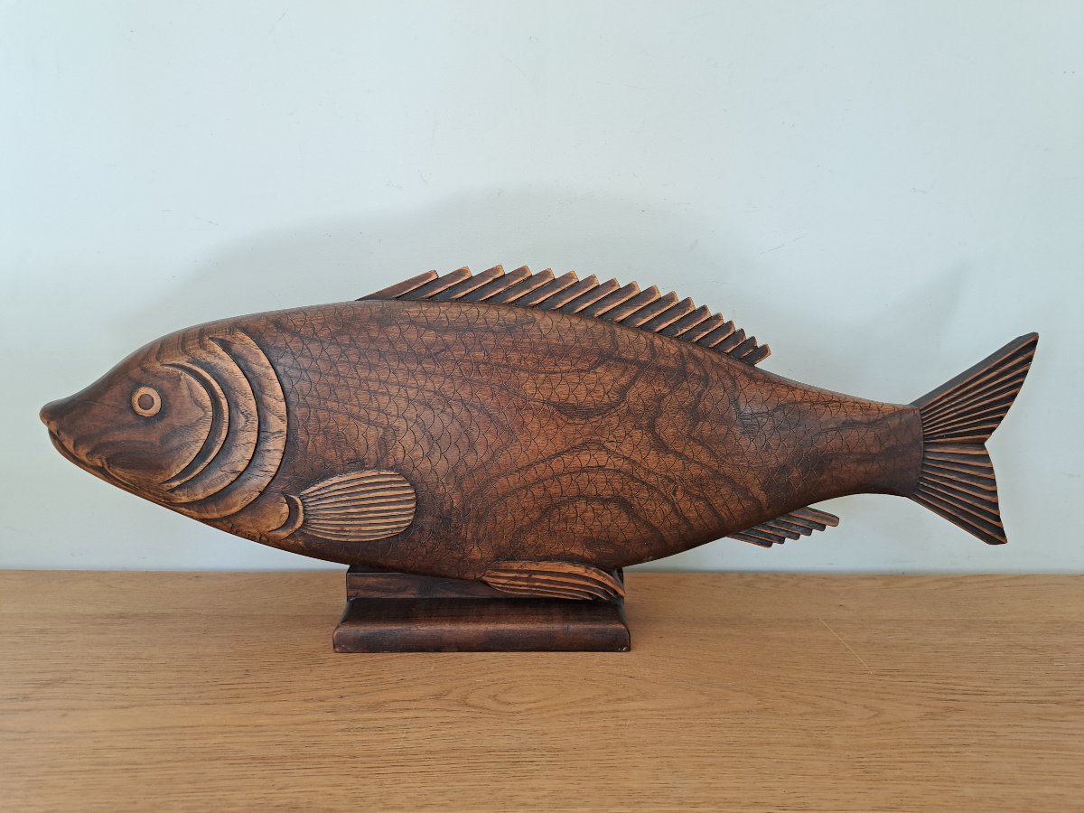 Large Fish, Carved Wood, Art Deco, Early 20th Century. -photo-2