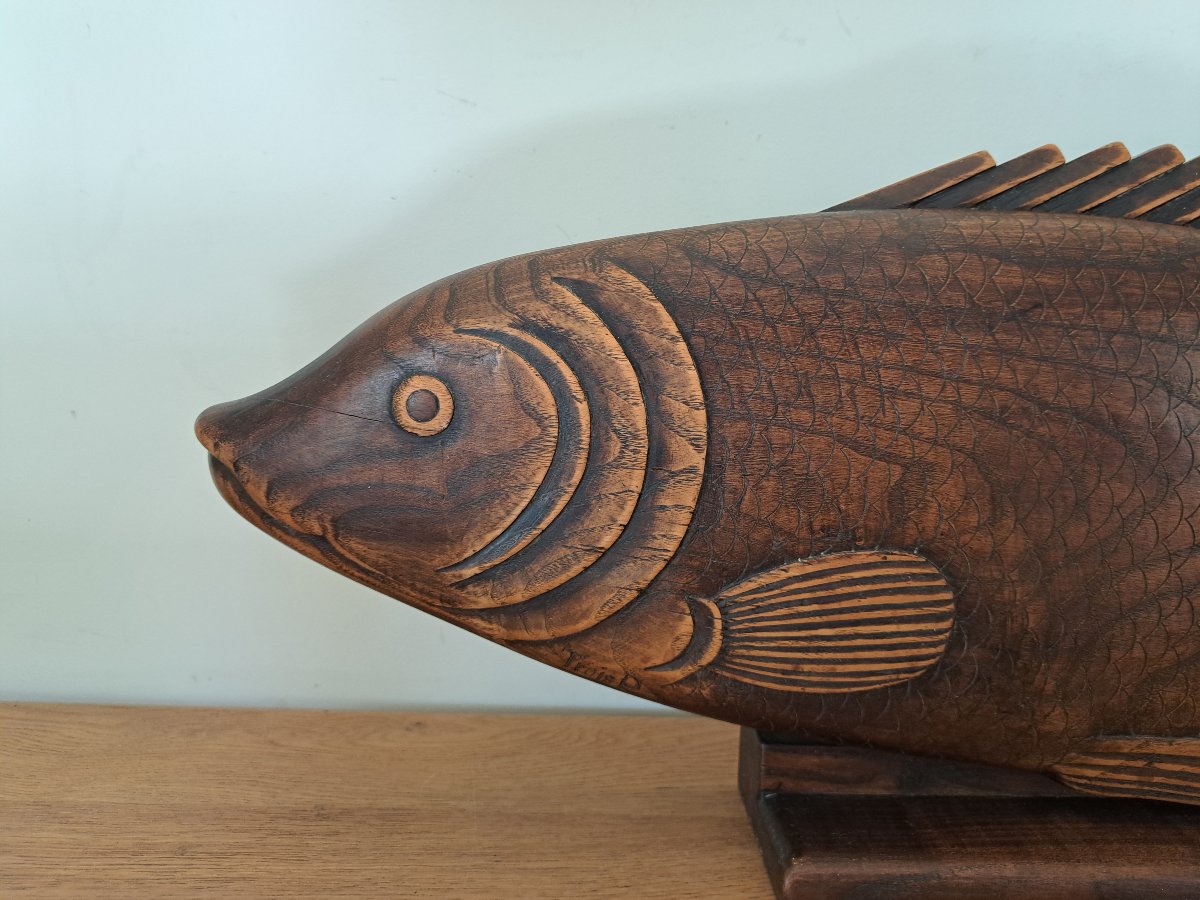 Large Fish, Carved Wood, Art Deco, Early 20th Century. -photo-3