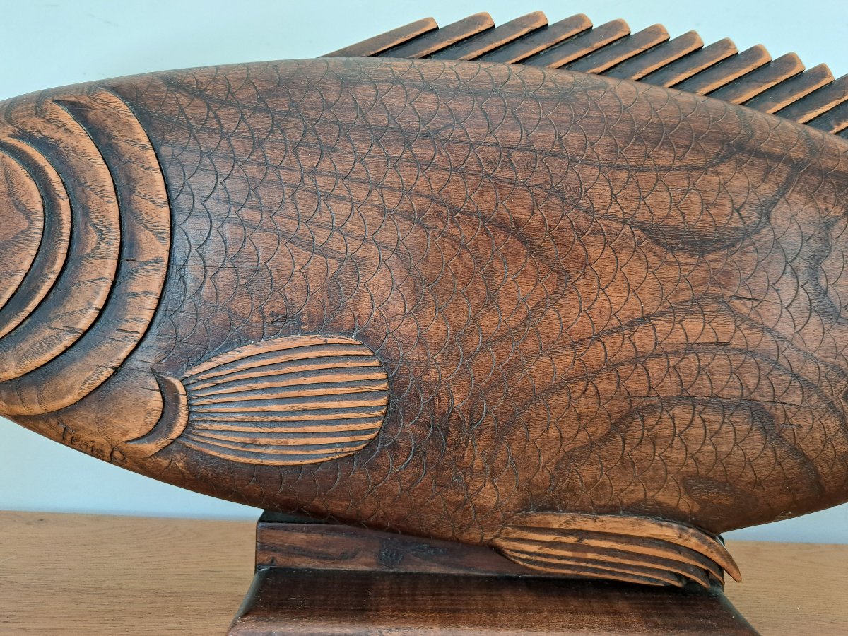 Large Fish, Carved Wood, Art Deco, Early 20th Century. -photo-1