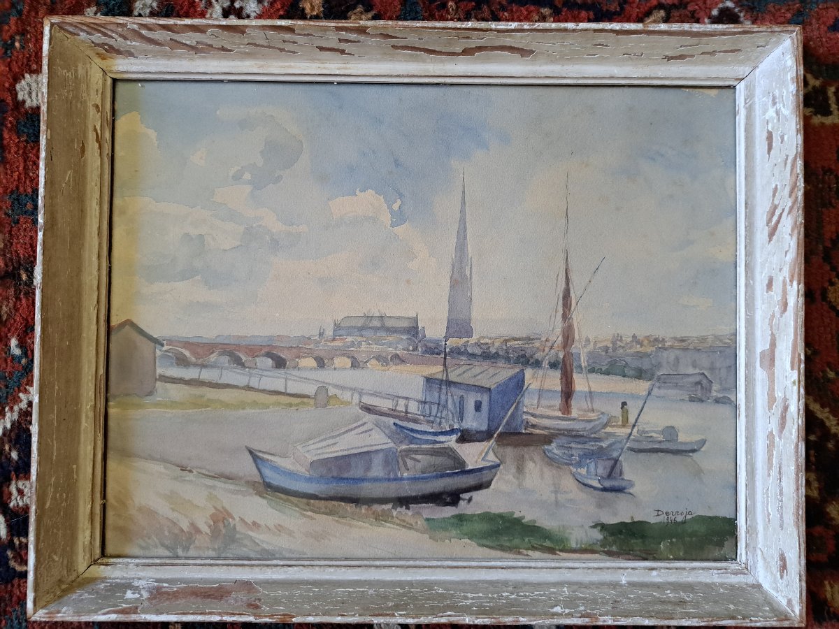 Derroja, The Garonne River In Bordeaux, Watercolor, 20th Century. -photo-2