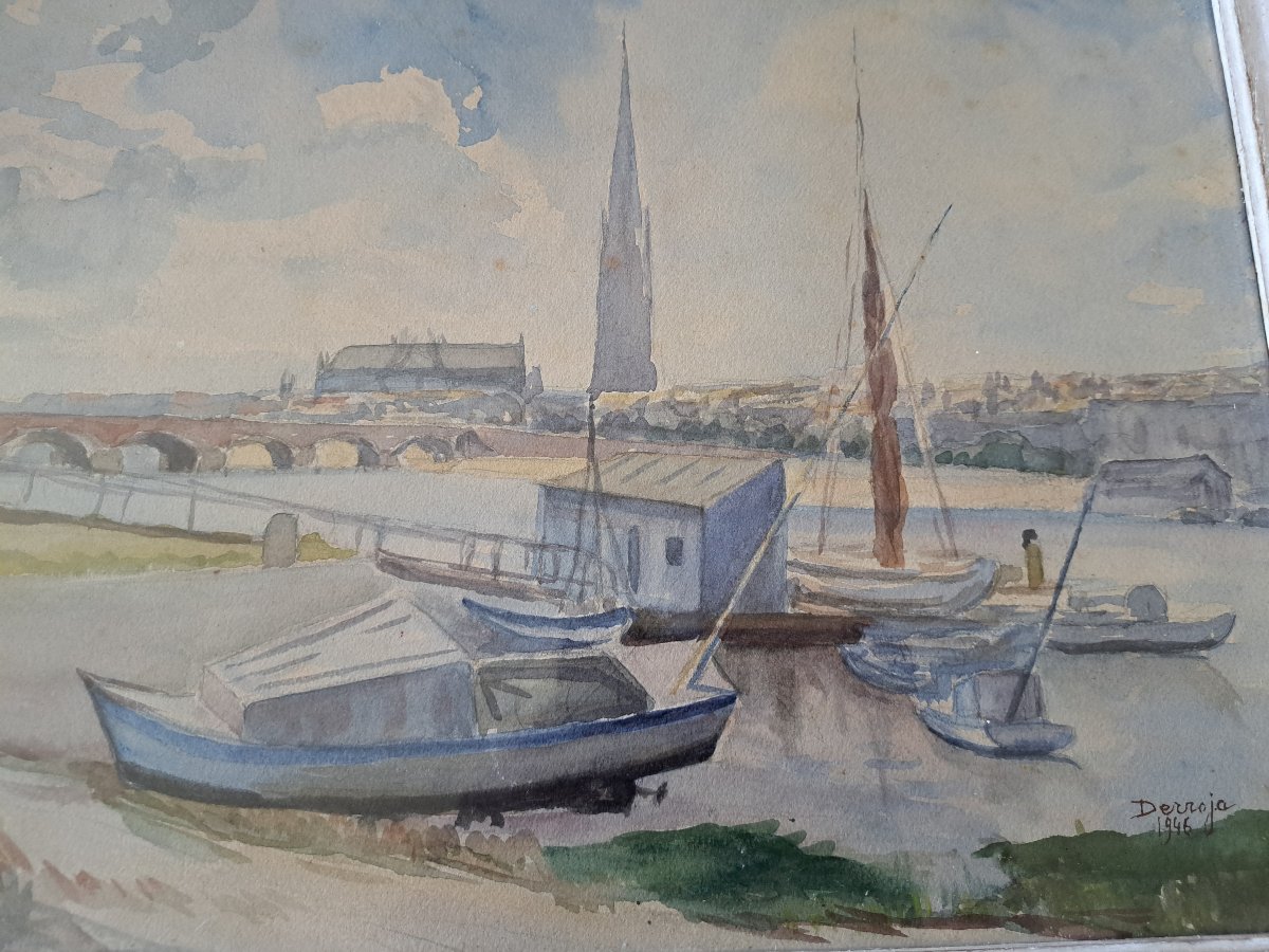 Derroja, The Garonne River In Bordeaux, Watercolor, 20th Century. -photo-4