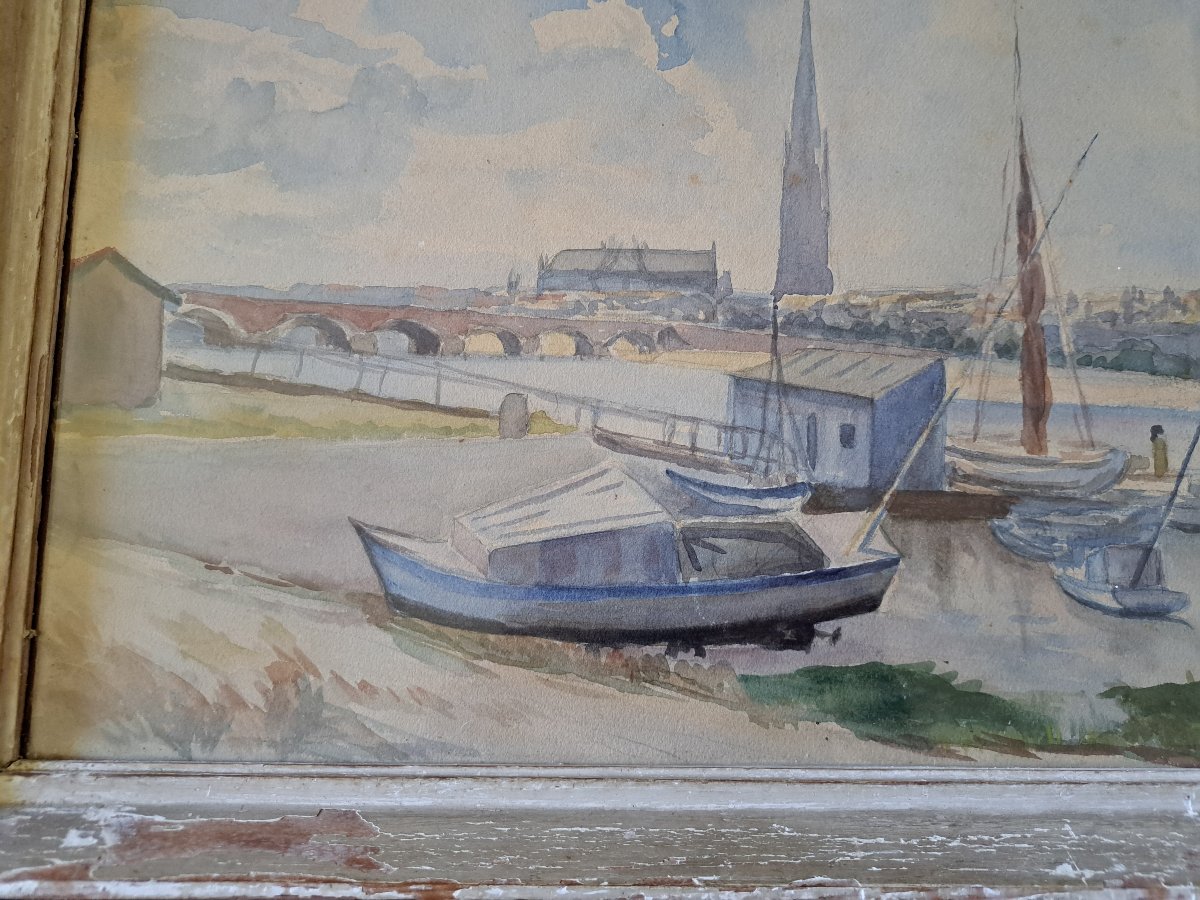 Derroja, The Garonne River In Bordeaux, Watercolor, 20th Century. -photo-2