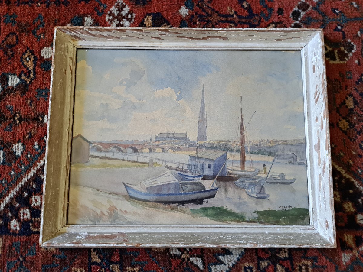Derroja, The Garonne River In Bordeaux, Watercolor, 20th Century. -photo-3