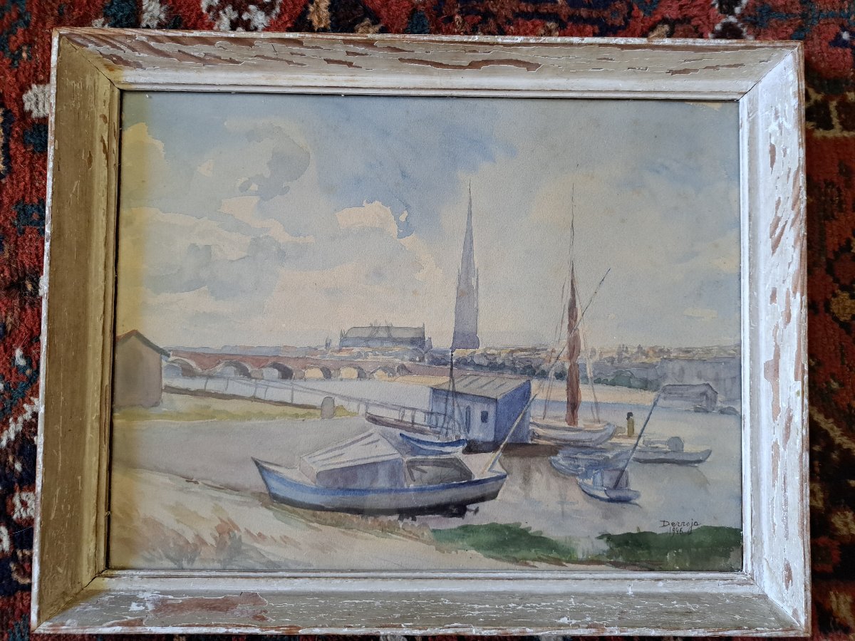 Derroja, The Garonne River In Bordeaux, Watercolor, 20th Century. 