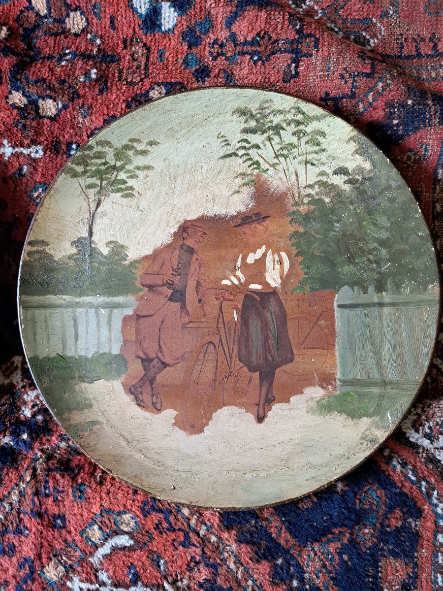 Cycling In 1900, Pair Of Large Terracotta Plates With Painted Designs And Collages, 1900. -photo-2