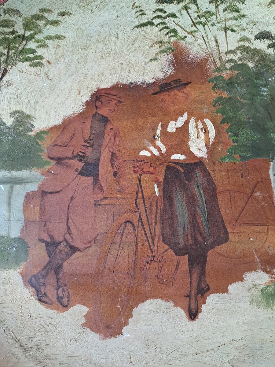 Cycling In 1900, Pair Of Large Terracotta Plates With Painted Designs And Collages, 1900. -photo-3
