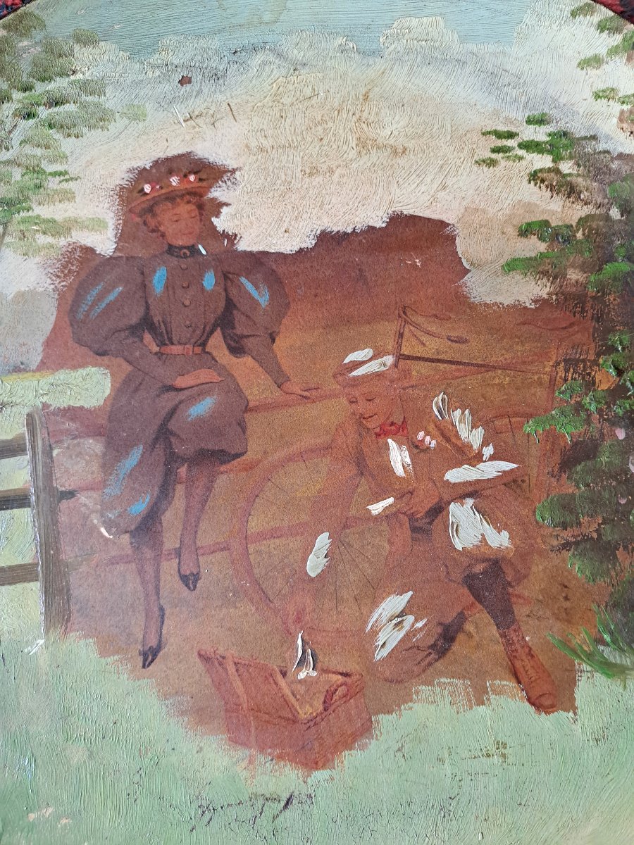 Cycling In 1900, Pair Of Large Terracotta Plates With Painted Designs And Collages, 1900. -photo-1
