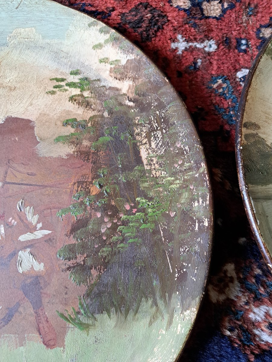 Cycling In 1900, Pair Of Large Terracotta Plates With Painted Designs And Collages, 1900. -photo-2