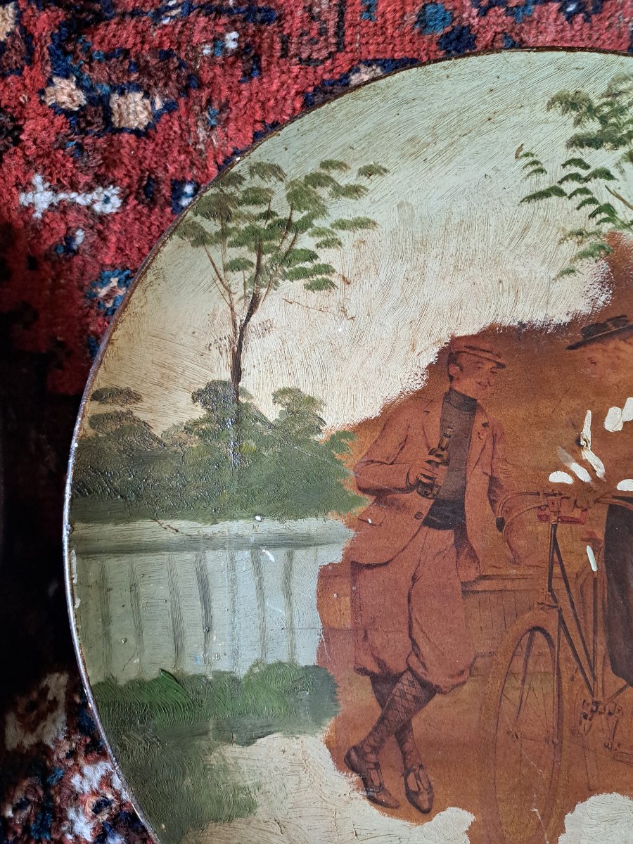 Cycling In 1900, Pair Of Large Terracotta Plates With Painted Designs And Collages, 1900. -photo-4