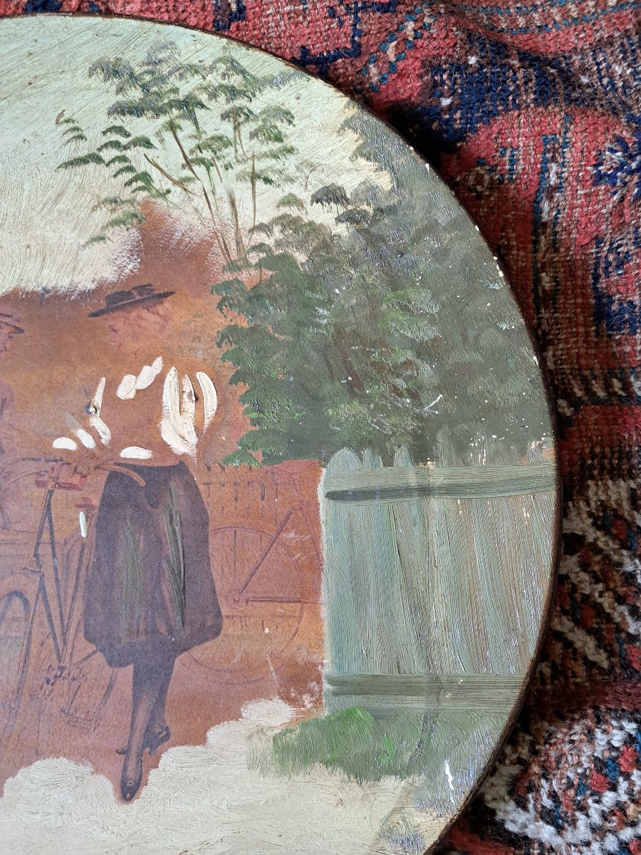 Cycling In 1900, Pair Of Large Terracotta Plates With Painted Designs And Collages, 1900. -photo-5