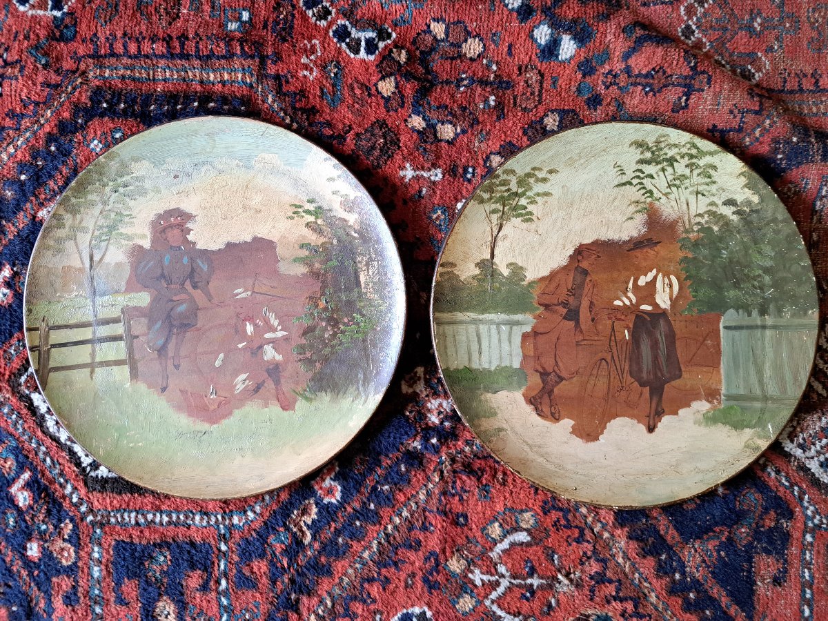 Cycling In 1900, Pair Of Large Terracotta Plates With Painted Designs And Collages, 1900. 