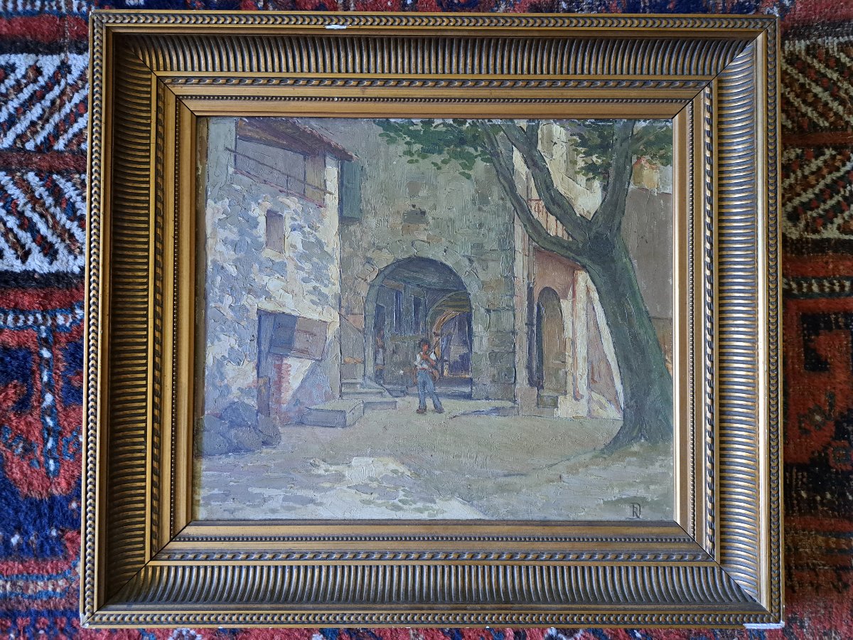 A Street In Collobrières, Oil On Cardboard, Early 20th Century. -photo-2