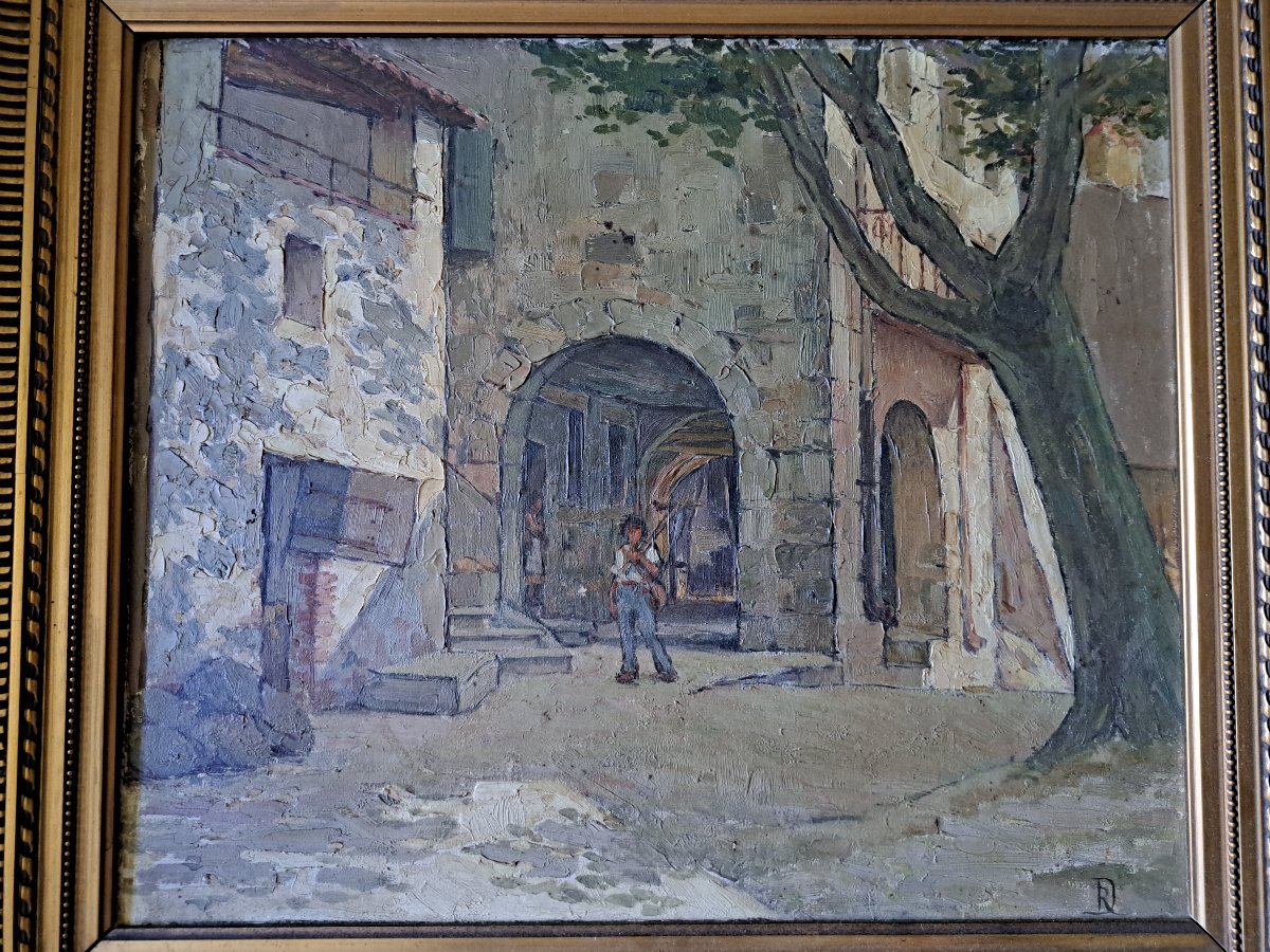 A Street In Collobrières, Oil On Cardboard, Early 20th Century. -photo-3