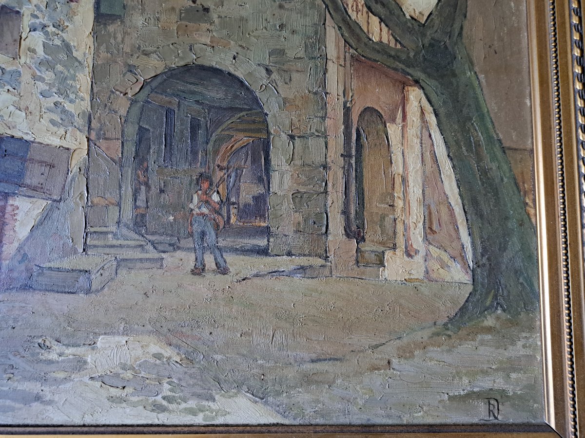 A Street In Collobrières, Oil On Cardboard, Early 20th Century. -photo-4