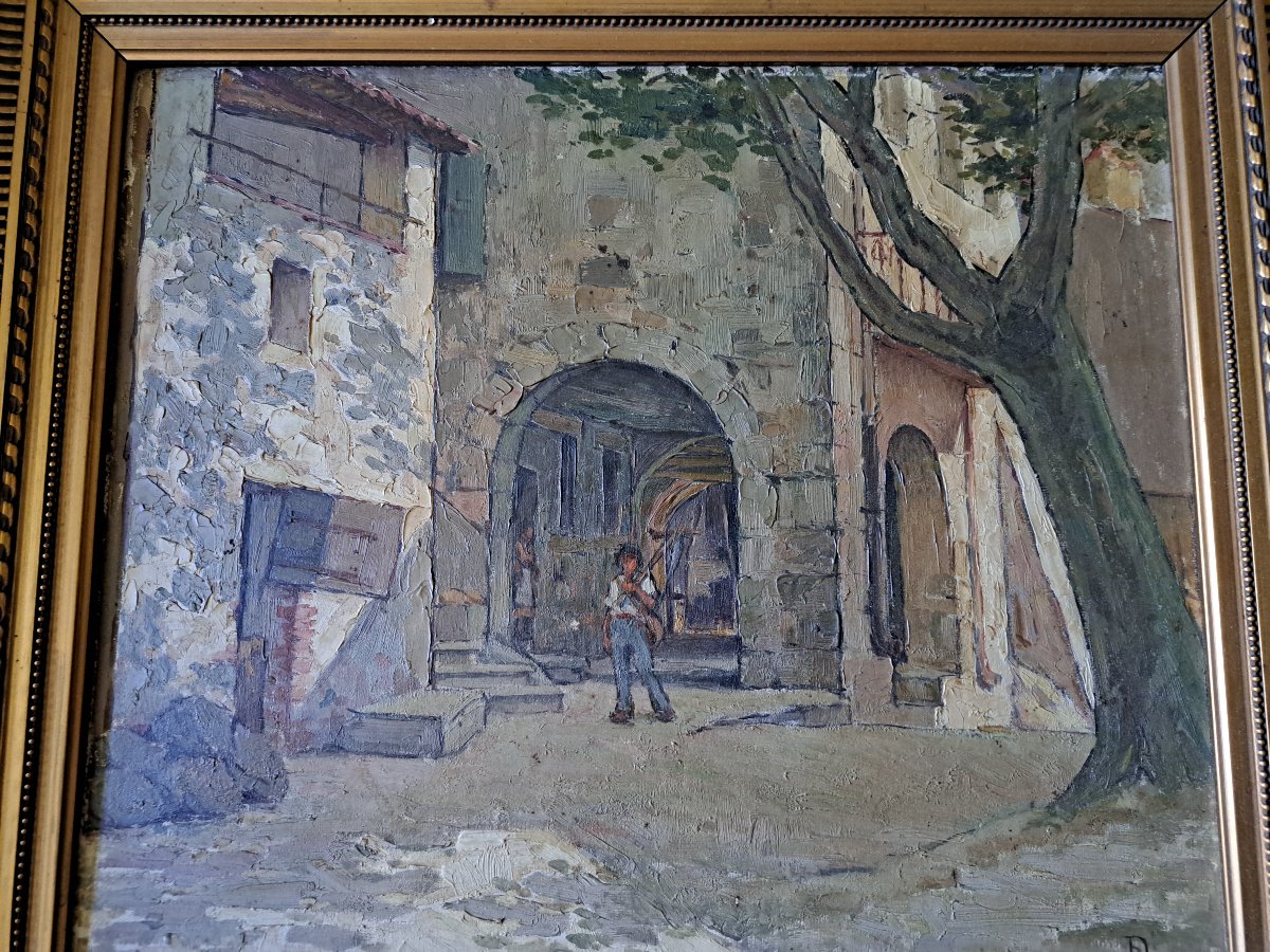 A Street In Collobrières, Oil On Cardboard, Early 20th Century. -photo-1