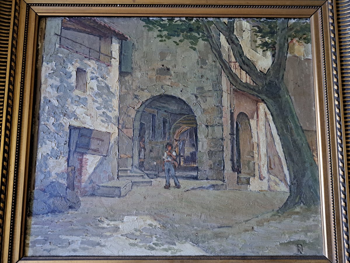 A Street In Collobrières, Oil On Cardboard, Early 20th Century. -photo-2