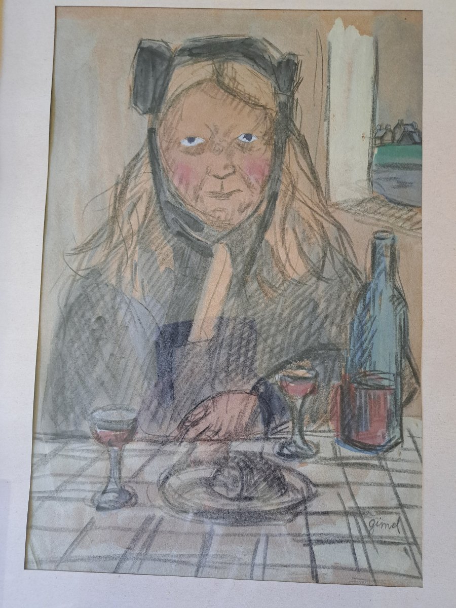 Georges Gimel , Bretonne attablée , Dessin , XX°.-photo-2