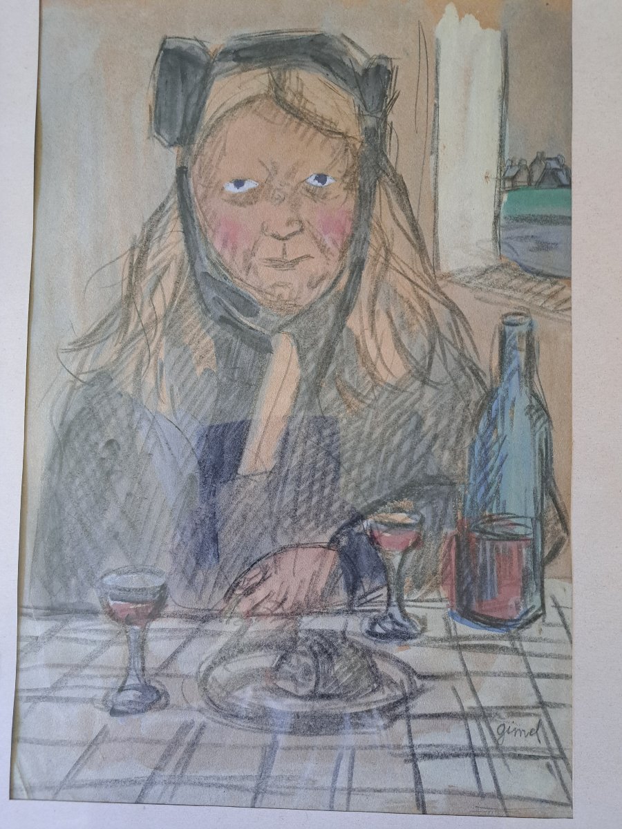 Georges Gimel , Bretonne attablée , Dessin , XX°.-photo-3