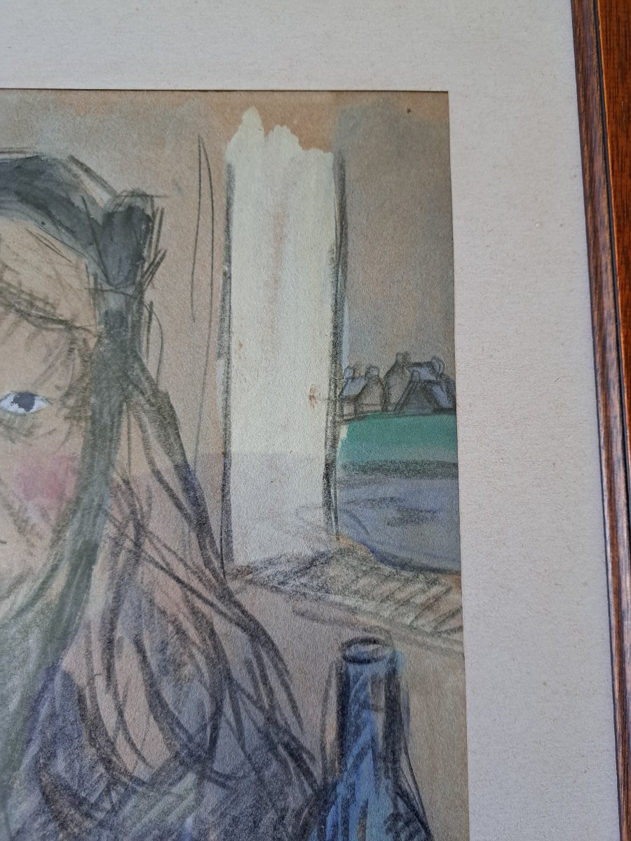 Georges Gimel , Bretonne attablée , Dessin , XX°.-photo-1