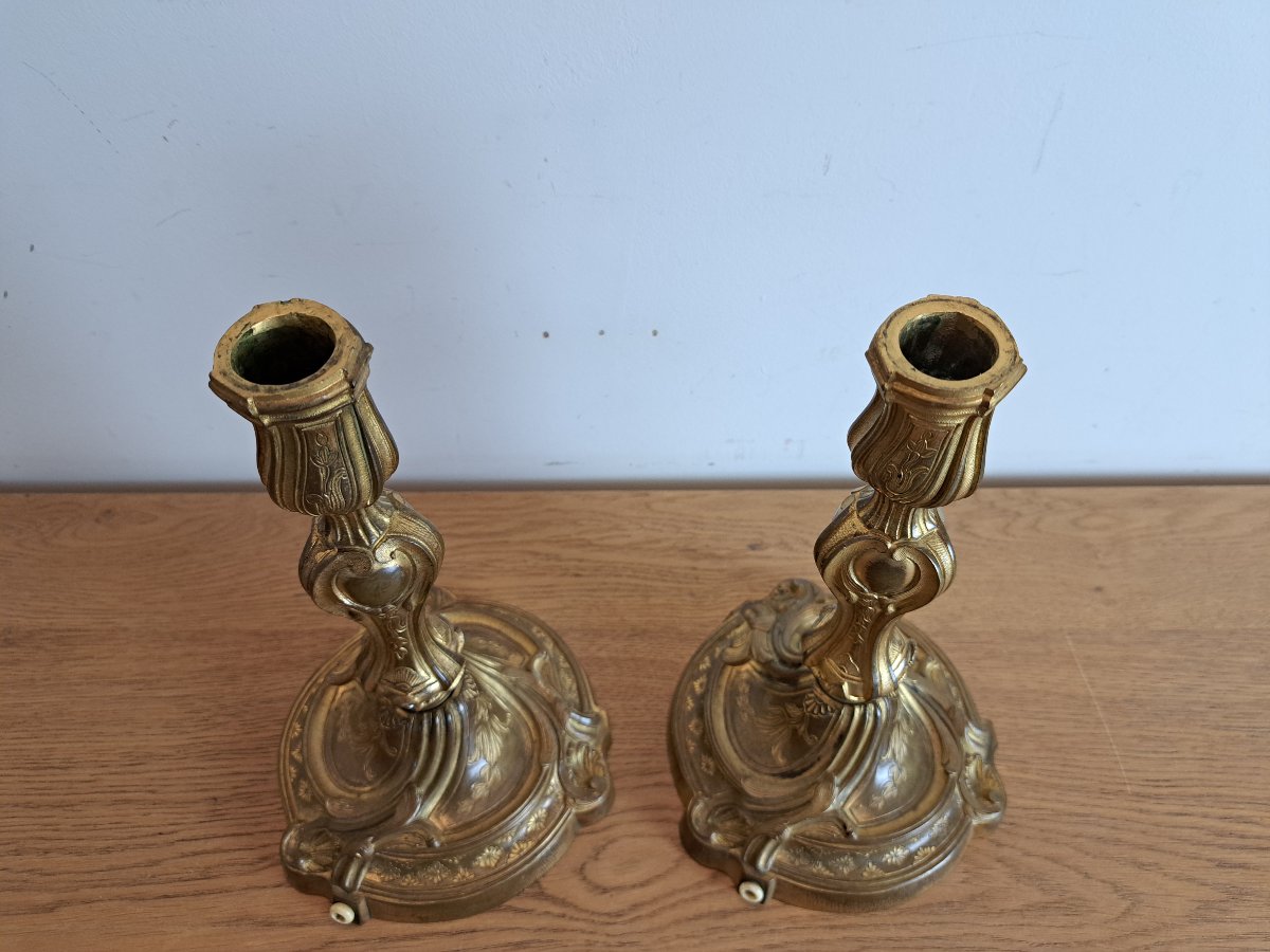 Henri Picard, Pair Of Candlesticks, Gilt Bronze, Louis XV, 19th Century.-photo-3
