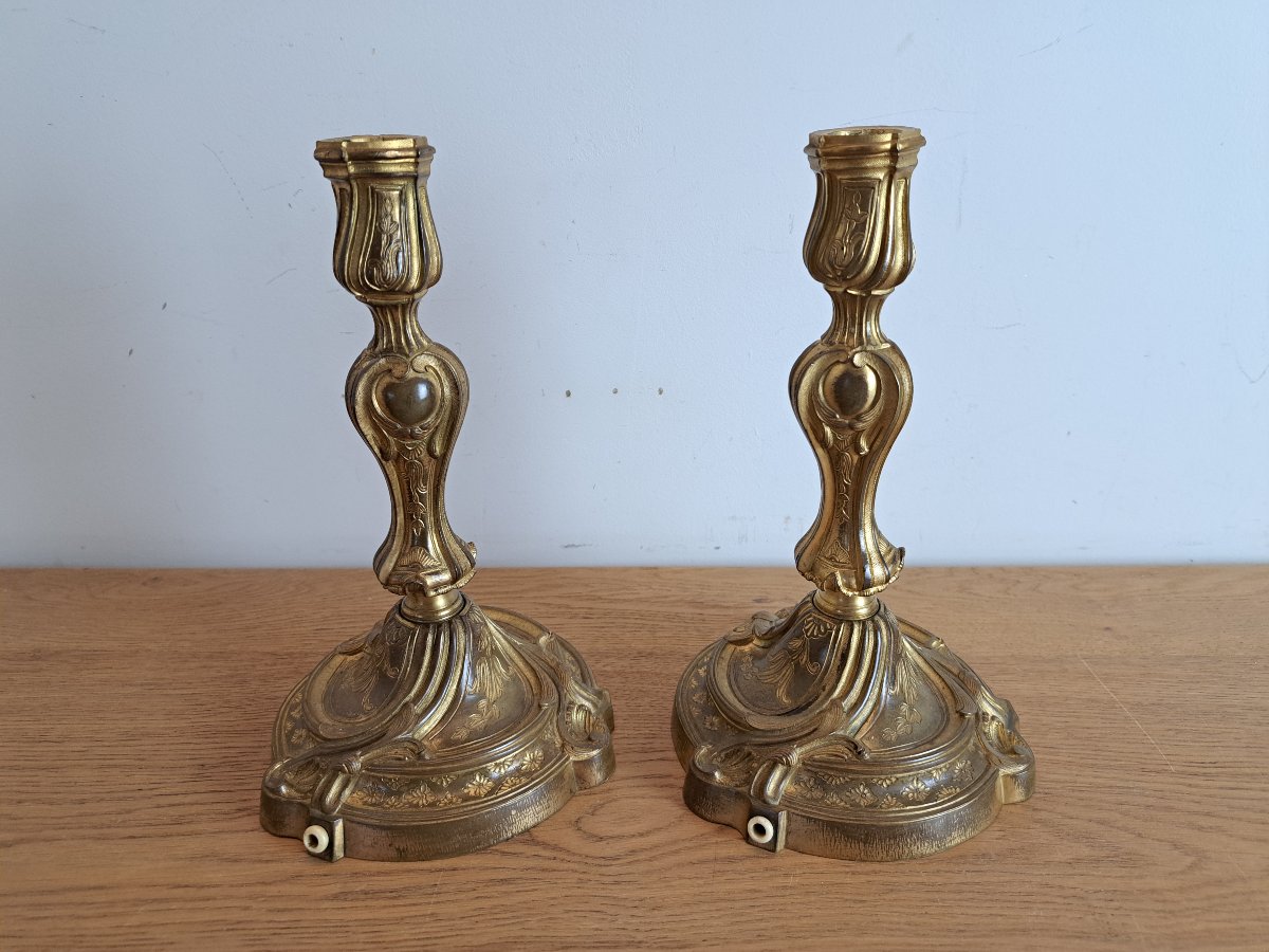 Henri Picard, Pair Of Candlesticks, Gilt Bronze, Louis XV, 19th Century.-photo-4