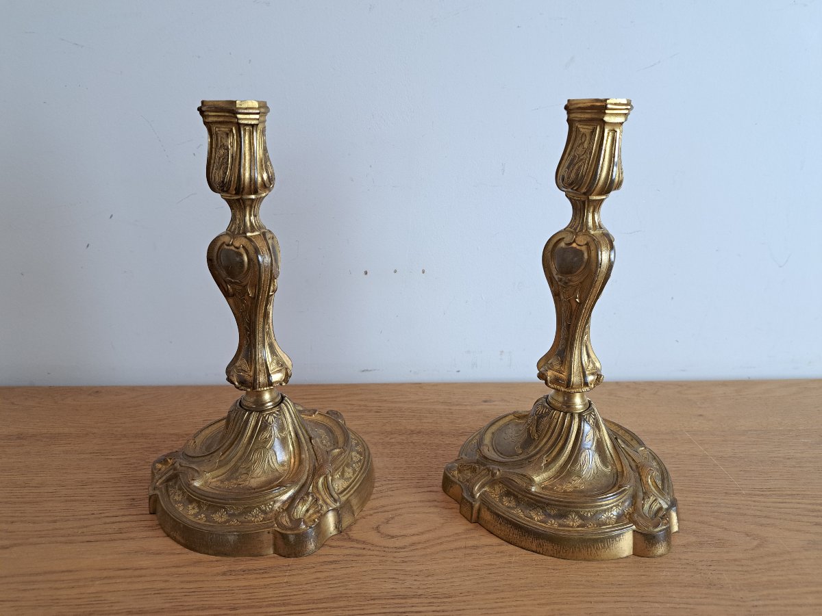 Henri Picard, Pair Of Candlesticks, Gilt Bronze, Louis XV, 19th Century.-photo-5
