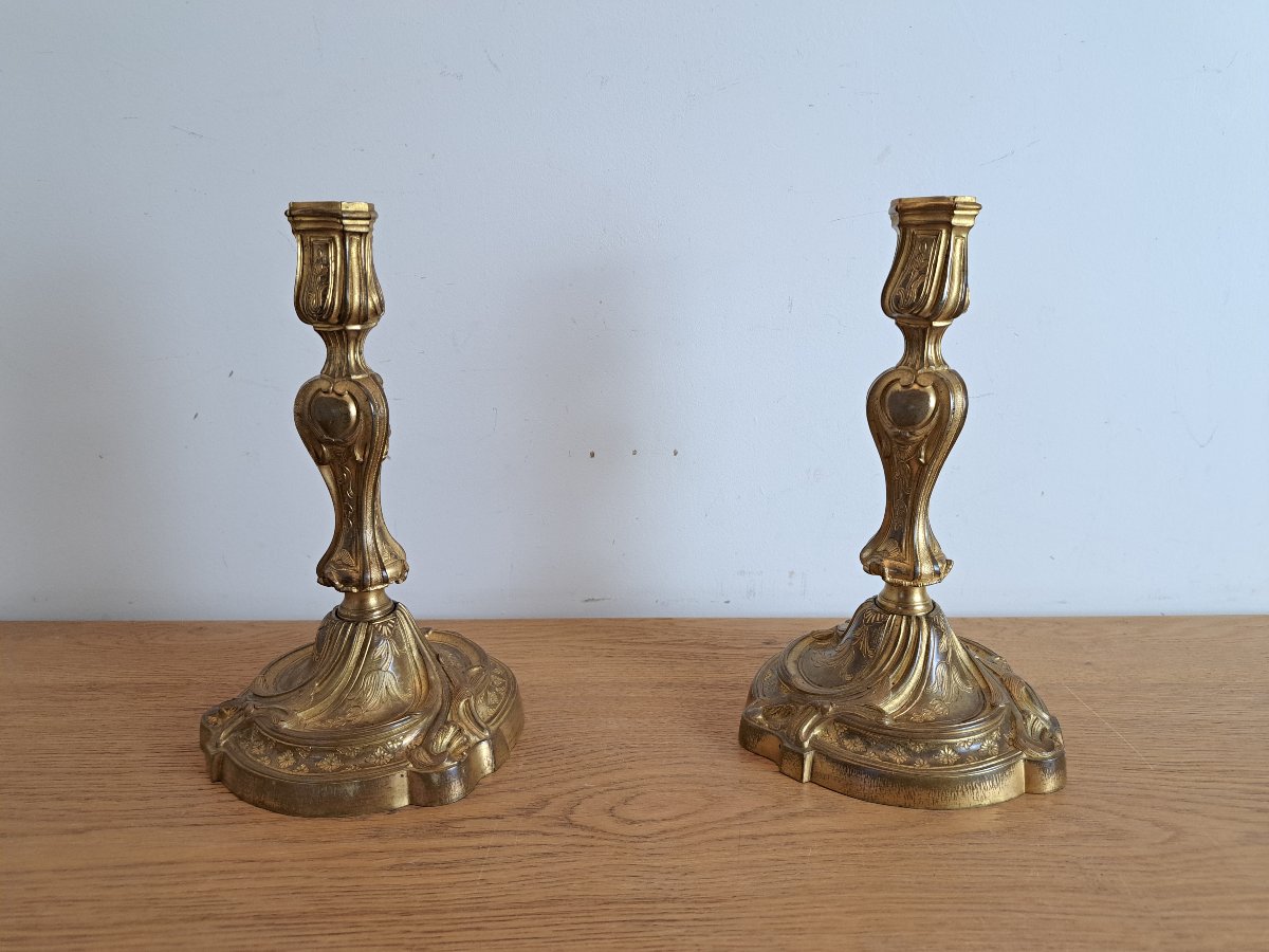 Henri Picard, Pair Of Candlesticks, Gilt Bronze, Louis XV, 19th Century.