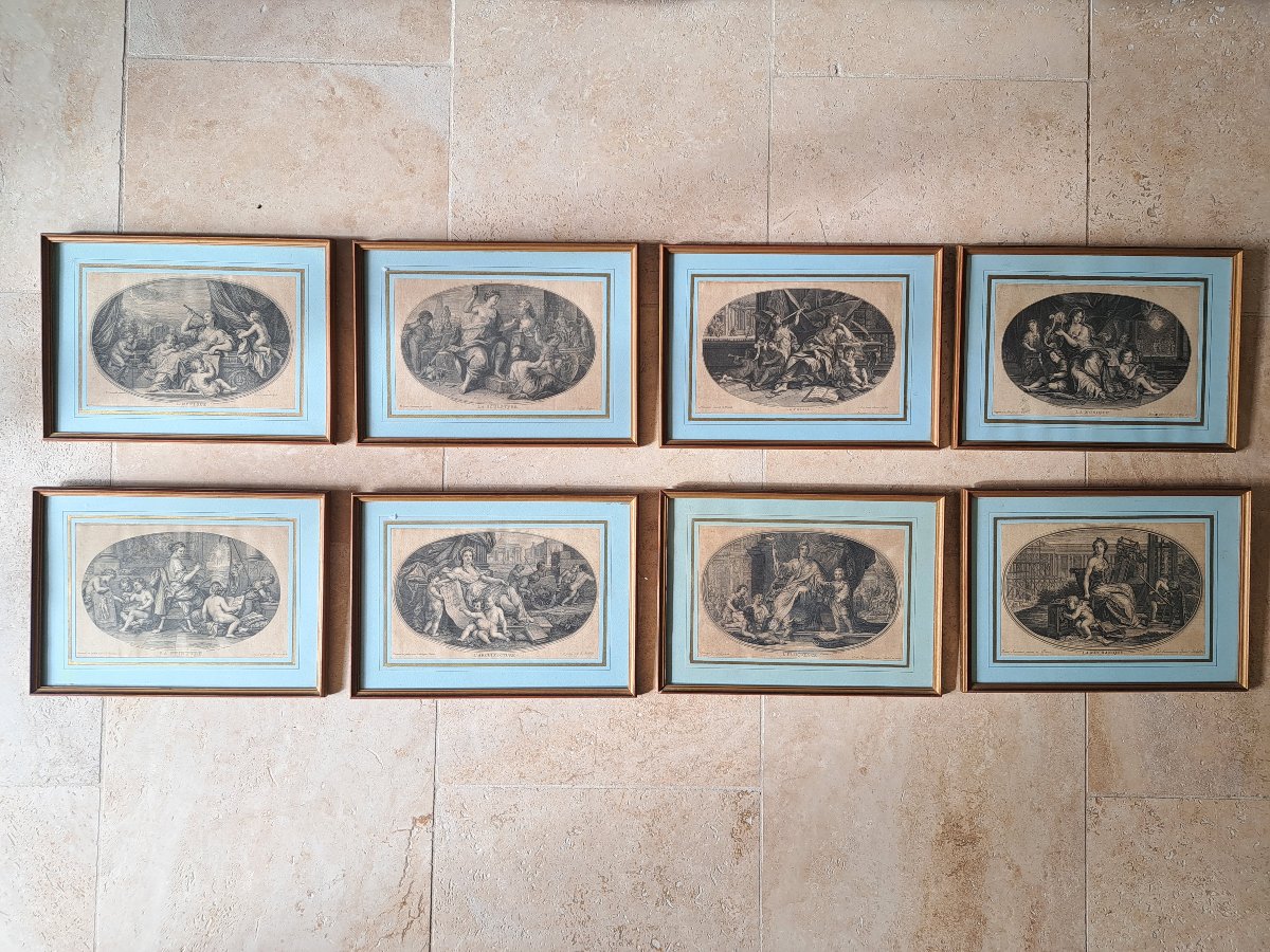 Suite de 8 gravures encadrées sur les Arts , Papier , Jacques Chéreau ,  XVIII°. 