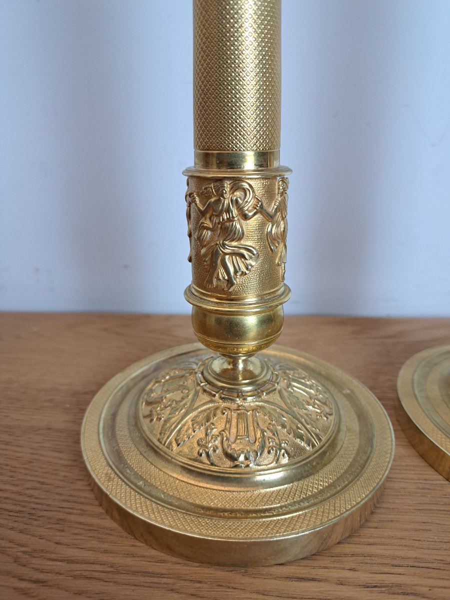 Paire de Bougeoirs , La Musique , Bronze doré , Empire /Restauration , Début XIX°. -photo-2